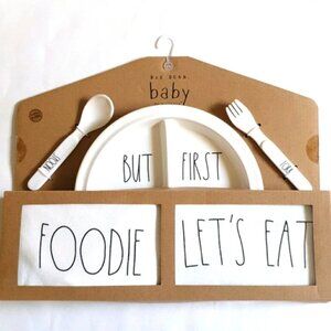 Rae Dunn Baby 5 Piece Gift Set Plate, Fork, Spoon, Bandana Bib, Bodysuit